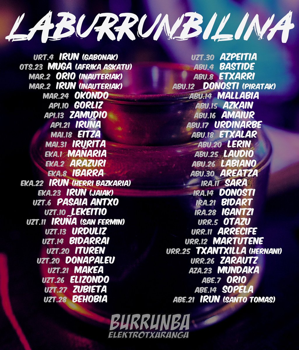 burrunbaelektro's tweet photo. Urte zoragarri honi agur esan behar diogu, 54 aktuazio ikaragarrirekin!!! Millesker denoi!!!! #burrunba #elektrotxaranga #burrunbaelektrotxaranga #2019 #laburrunbilina https://t.co/8lqVbVaC2v