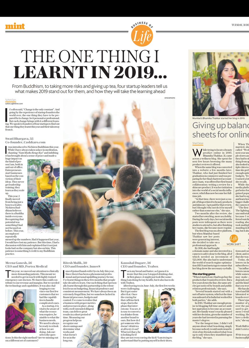 drriteshmalik's tweet image. Ending 2019 with this piece by @Mint_Lounge #newspaper on my journey from @innov8cowork to #OYOworkspaces @Swats26 #meenaganesh @ganeshk03 @PorteaMedical @Kausshal_dugarr @TeaboxInt @Cashkarocom happy 2020!