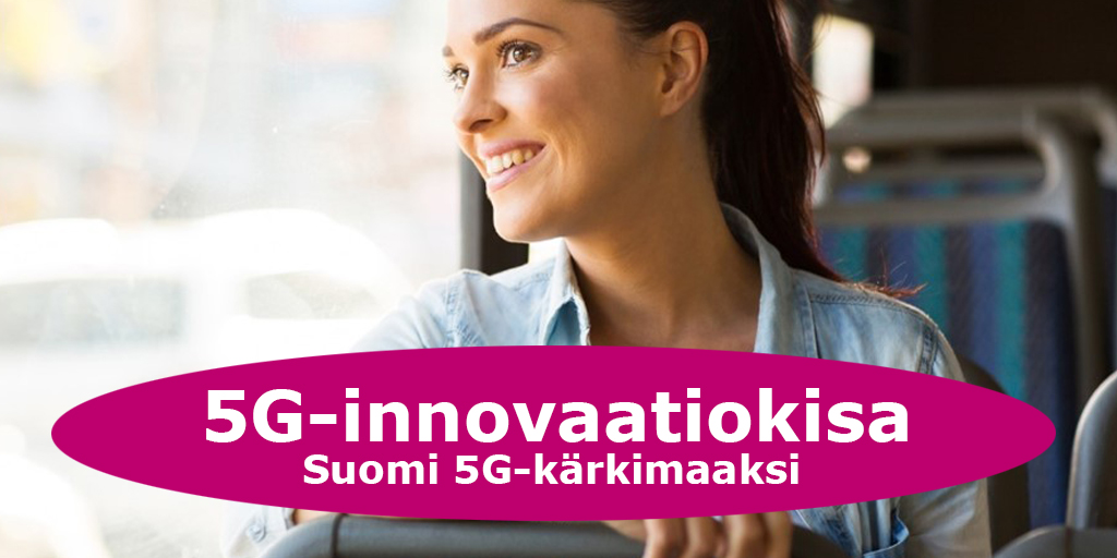 Kuvassa nainen bussissa. Teksti: 5G-innovaatiokisa, Suomi 5G-kärkimaaksi
