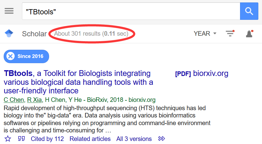c_jchen's tweet photo. #TBtools gains 300+ citations. https://t.co/c8XCVgQK6W