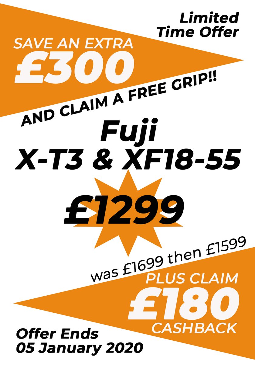 Check out this awesome deal - get the the @FujifilmX_UK X-T3 &amp; XF18-55mm for only £1299!! Saving a whopping £300!!
And claim a FREE Grip and Claim £180 cashback from #Fuji 
But hurry - Offer ends 5th January 2020.
#XT3 #X #Barnstaple #ShopLocal #10to1m
