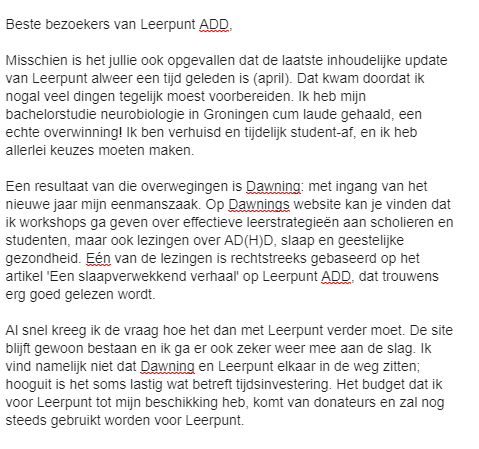 Brief van oprichtster <a href="/AlexSteenbreker/">Alex Steenbreker</a> : zie screenshot. 

Wie nieuwsgierig is, wees welkom op <a href="/DawningNl/">Dawning</a> en dawning.nl ! 

Tot slot natuurlijk een heel goed 2020 gewenst!!! 

Hartelijke groet, 
Alex