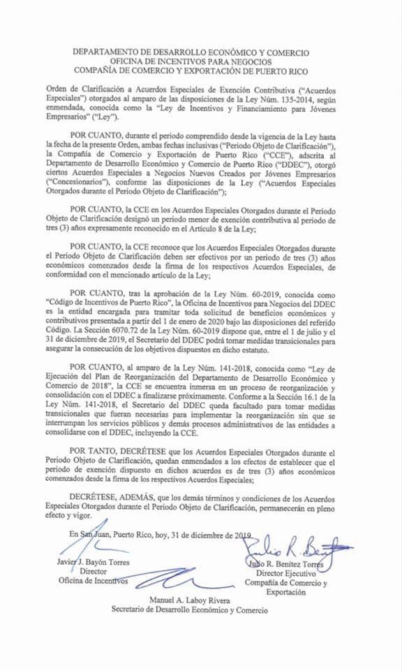 CCEPuertoRico's tweet photo. Atención Joven Empresario certificado bajo Ley 135-2014. Los Acuerdos Especiales otorgados quedan enmendados para que la fecha de vigencia de acuerdos de exención contributiva otorgados no son hasta el 12/31/2019, serán periodo de 3 años a partir de su otorgamiento. #PRemprende. https://t.co/2MusEMULOq