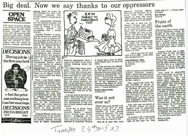 This made my eyes pop. It is a letter to the Guardian in 1983 complaining that they are silencing women on the trans issue!