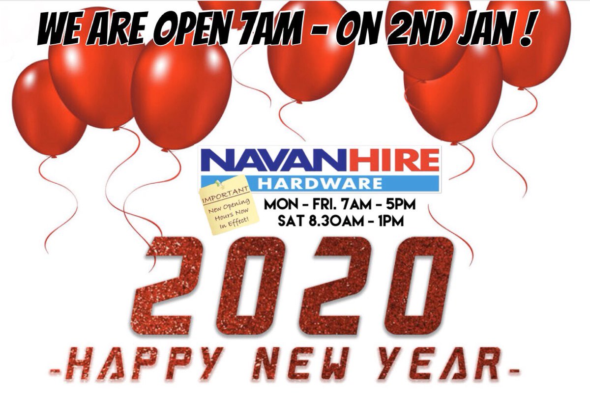 NavanHire's tweet photo. #happynewyear2020 to all ! Enjoy celebrations and remember we are Open at 7am on 2nd Jan for all your Hire, Hardware &amp; DIY needs. 046 9022535 ! @NavanHire https://t.co/qyZ9zsIflx