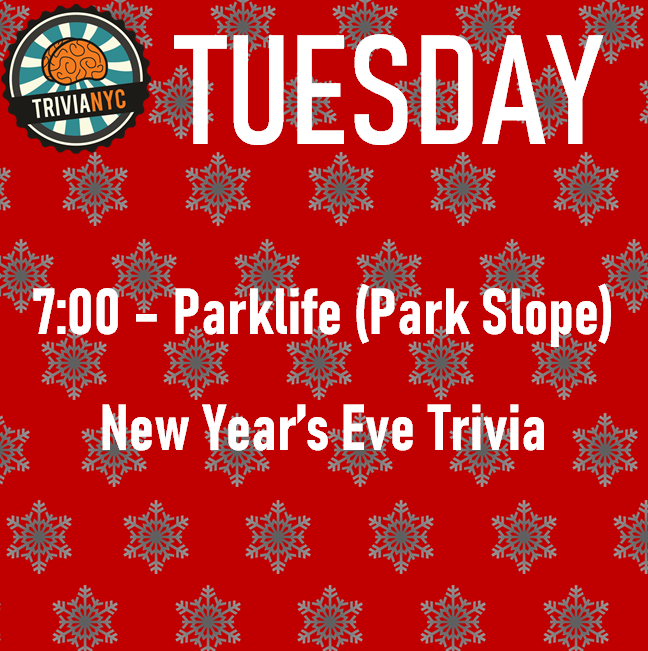 TriviaNYC's tweet photo. It's New Year's Eve! Come out for some trivia at @murphystavernnyc and @ParklifeBK to end 2019 on the right note.
#trivia #trivianyc #nyc #nycevents #pubquiz #newyork #trivialeague #QCNY #nyctrivia #brooklyn #parkslope https://t.co/wbk30qS2Hc