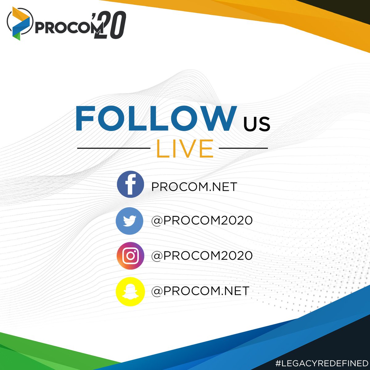 procom2022's tweet photo. PROCOM'20 has gone live on all social media platforms and we are waiting for you guys to give a follow, give a like and make a difference.
Have all your relevant PROCOM information be given to your right at your cyber front door.
#LegacyRedefined
#Procom2020 https://t.co/tU2duGWdzy