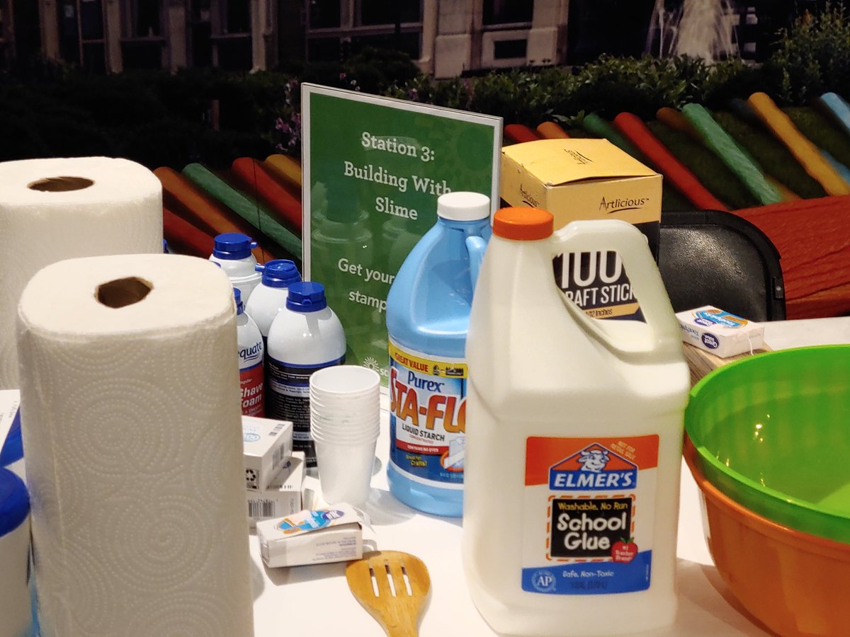 JoGetsCurious's tweet photo. You know it's going to be a good day @kyscience when you are greeted by tables full of glue, liquid starch, shaving cream, toothpicks and cups. #NoonYears #resolutions #makemoreslime https://t.co/vUyWn4PBAN