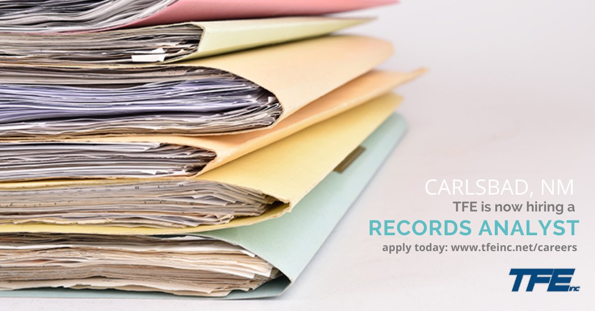 TFE is now hiring a Records Analyst in Carlsbad, NM. Full time + benefits! Apply today on our website: bit.ly/36dS992 #applynow #TFE #carlsbad #newmexicojobs #recordsanalyst #nowhiring #jobsearch #applytoday