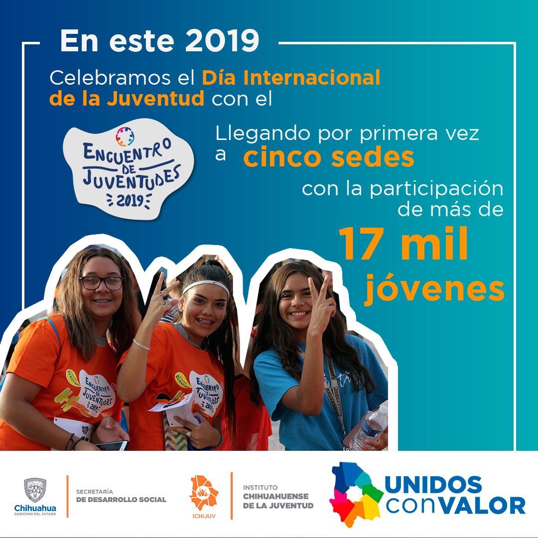JuventudChih's tweet photo. #EnEste2019 Festejamos el Día Internacional del las Juventudes con el #EJ19 por primera vez en cinco sedes.

A través de actividades con temática de Derechos Humanos y Salud y Bienestar, llegamos a más de 17 mil jóvenes en Juárez, Camargo, Ojinaga, Guachochi y Casas Grandes. https://t.co/oUJ6YlhKjS
