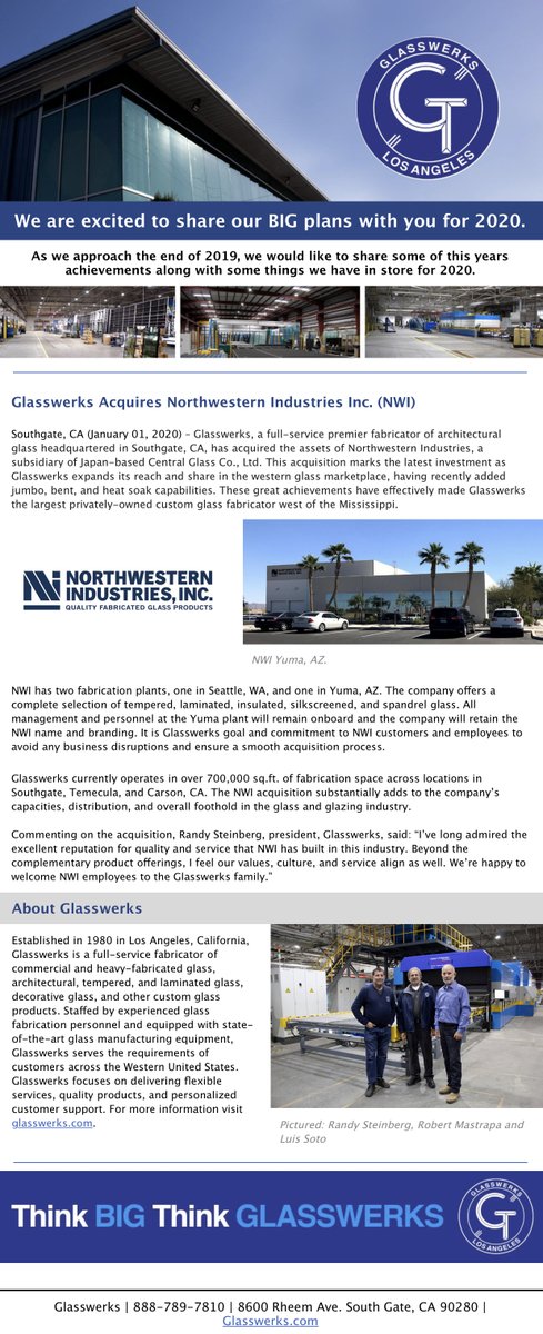 We are excited to share our BIG plans with you for 2020! GLASSWERKS is proud to announce that we have acquired Northwestern Industries, Inc! Read more at glasswerks.com/glasswerks-acq…