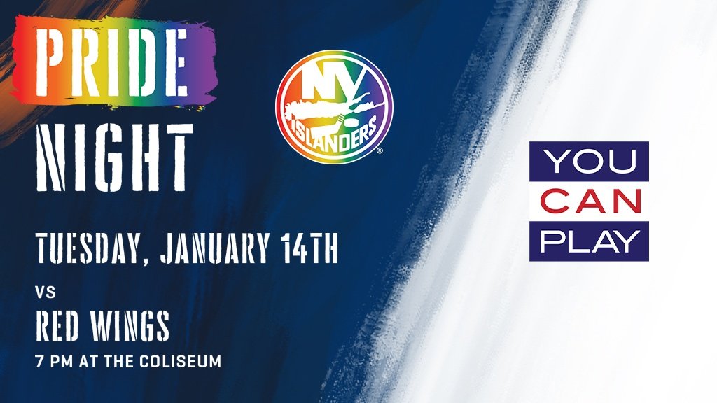 YouCanPlayTeam's tweet photo. #IslesFans Join us and @NYIslanders at Pride night on Tuesday 1/14 at Nassau Veterans Memorial Coliseum. Tickets are available for purchase here:  https://t.co/O6LQNdK6Pl. As part of the night #YouCanPlay and @LGBTNetworkNY will be receiving funds raised through the 50/50 Raffle https://t.co/R60M9K0lWW