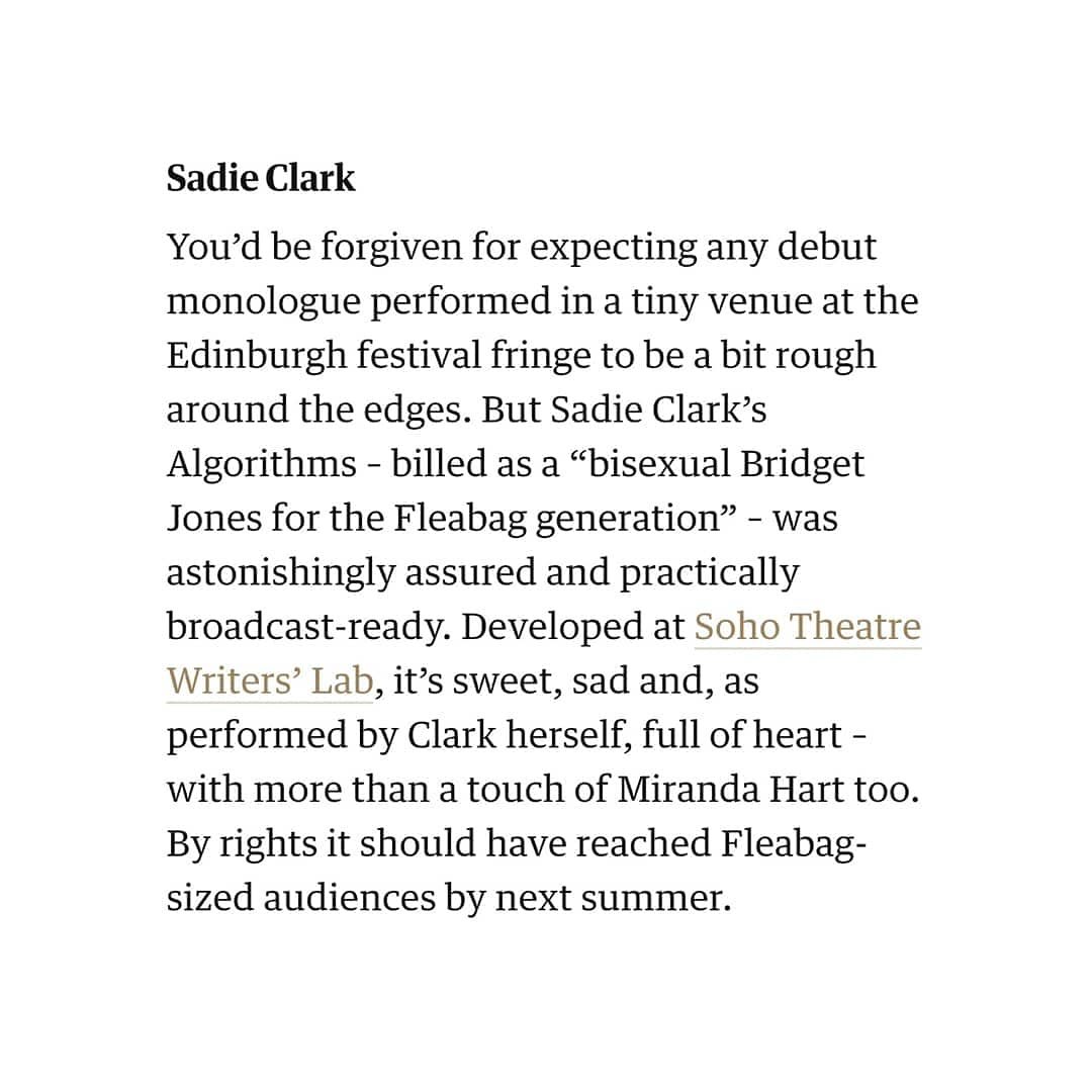 AlgorithmsPlay's tweet photo. What a lovely way to end 2019! Writer & performer of #AlgorithmsPlay @sadieleylaclark has been named one of @guardian’s 12 theatre stars for 2020. Such exciting news & they say some lovely things about the show! https://t.co/sUUKOYrYaA