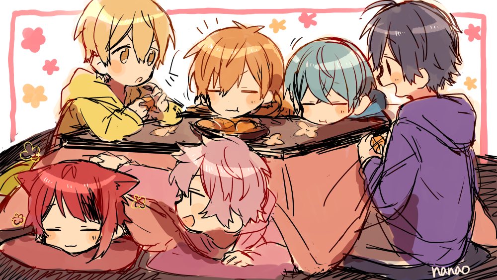 kotatsu multiple boys table food fruit red hair blonde hair  illustration images