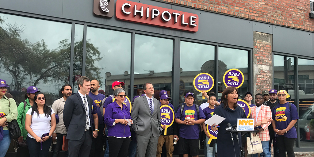 Commissioner Salas joins rally with fast food workers and workers' rights supporters in front of Chipotle to announce lawsuit against Chipotle for violating the City's Fair Workweek law.
