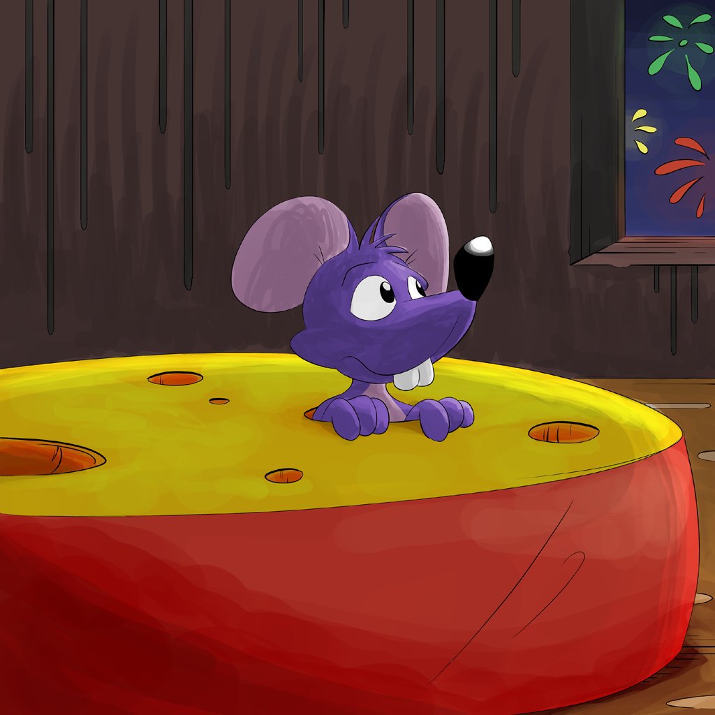 A rat or mouse looking out of a hole in a cheese wheel, observing fireworks outside the window with a slightly worried expression.