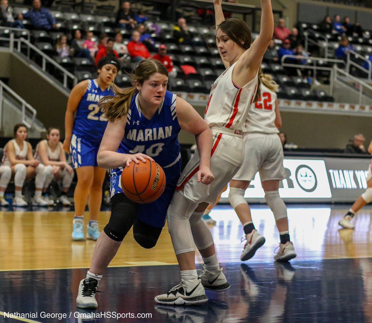OmahaHSHoops's tweet photo. GIRLS FINAL: Millard South 72 Omaha Marian 45. Olsen scored 16 for the Patriots. Harrison led all scorers with 24 for the Crusaders. Millard South advances to the semifinals on January 2 at 3:30 p.m., where they will face the winner of Millard North/Omaha Burke. 🏀 #NebPreps https://t.co/Zl5Cekacep
