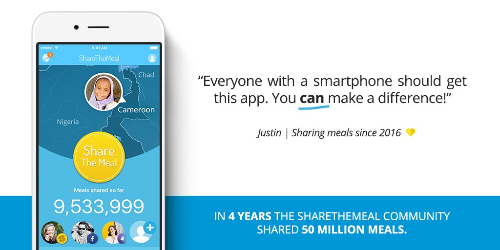 A simple app can change the world! As 2019 closes, all of us <a href="/WFP/">World Food Programme</a> are so grateful for this amazing <a href="/ShareTheMealorg/">ShareTheMeal - UN World Food Programme</a> milestone: 50 million meals shared.

Help us reach 50 million more! 👉bit.ly/2Q4gpDP