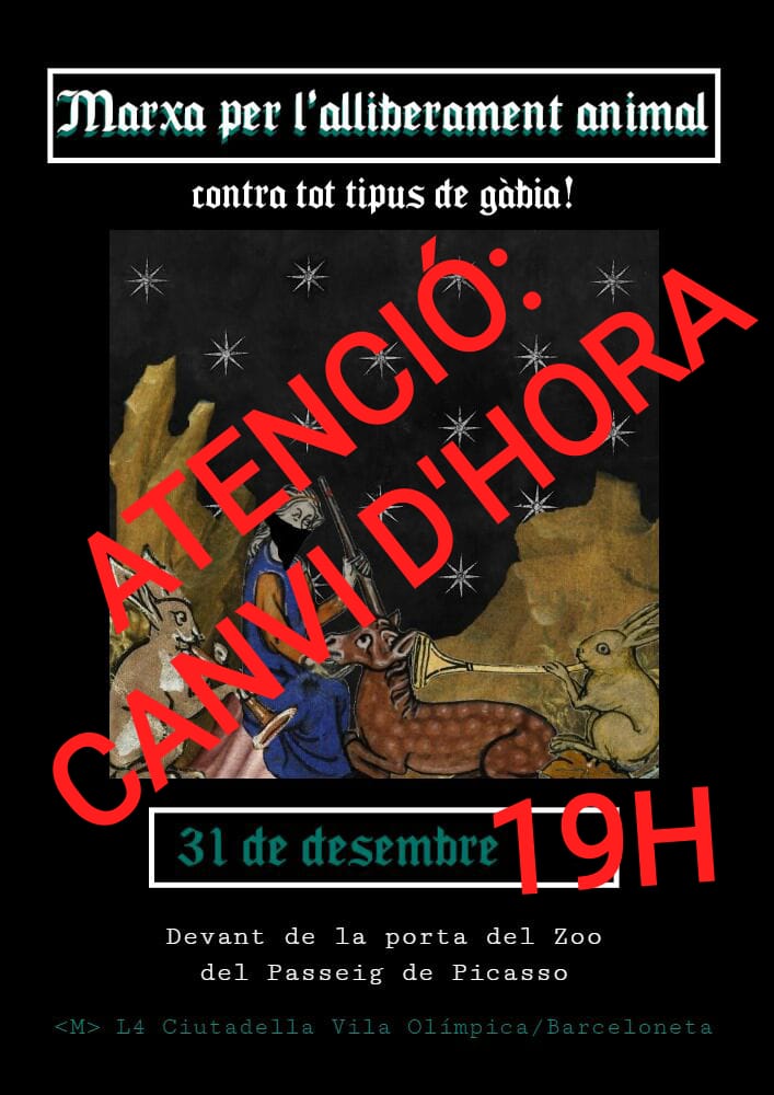 niunmataderomas's tweet photo. ATENCIÓ ❗❗❗

CANVI D'HORA: LA MARXA PER L'ALLIBERAMENT ANIMAL SORTIRÀ A LES 19:00 https://t.co/oiOkmQzV2G