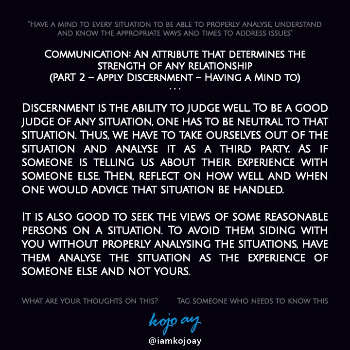 iamKojoAY's tweet photo. Have a mind to every situation

» Tag someone who needs to know this

#wisdomquotes #knowledgequotes #motivationalquotes #inspirationalquotes #discernment #successquotes #selfdevelopmentquotes #reasoning #relationships #relationshipgoals #communication #leadershipquotes #quotes https://t.co/ciIw3uTf27