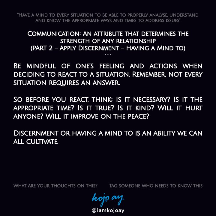 iamKojoAY's tweet photo. Have a mind to every situation

» Tag someone who needs to know this

#wisdomquotes #knowledgequotes #motivationalquotes #inspirationalquotes #discernment #successquotes #selfdevelopmentquotes #reasoning #relationships #relationshipgoals #communication #leadershipquotes #quotes https://t.co/ciIw3uTf27