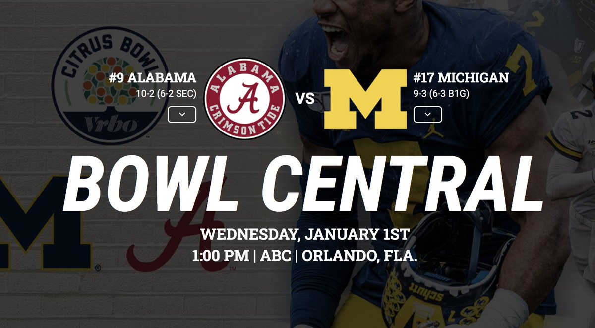 UMichFootball's tweet photo. This will be the fifth overall meeting between Michigan and Alabama, with the series tied at two wins apiece.

BOWL CENTRAL » https://t.co/Jyh9N70zLl

#GoBlue 〽️🍊🍋 https://t.co/EnkNzkbH12