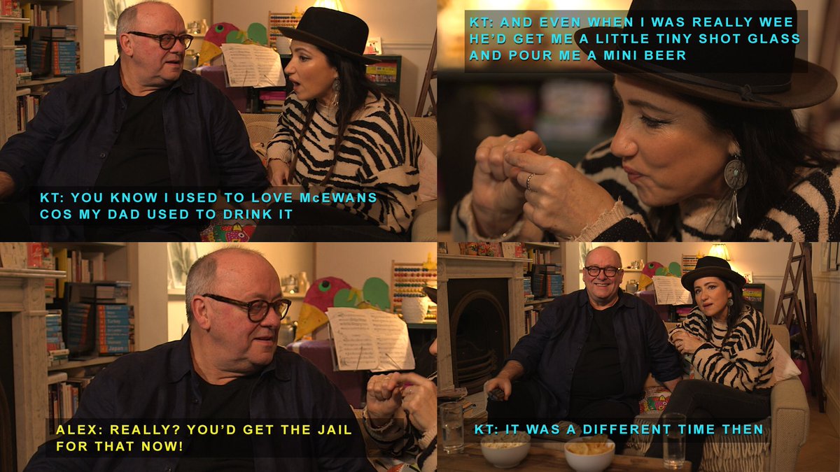 KTTunstall's tweet photo. TONIGHT! Join the legend Alex Norton &amp; I on the sofa for a trip down memory lane through some of Scotland's most memorable adverts on #SellingScotland with Jack Docherty at 10pm, NYE on #BBCOneScotland. 
I’m warning you now, ‘it was a different time’ 😂🤦🏻‍♀ #tinybeer https://t.co/7P3Lb65QYR