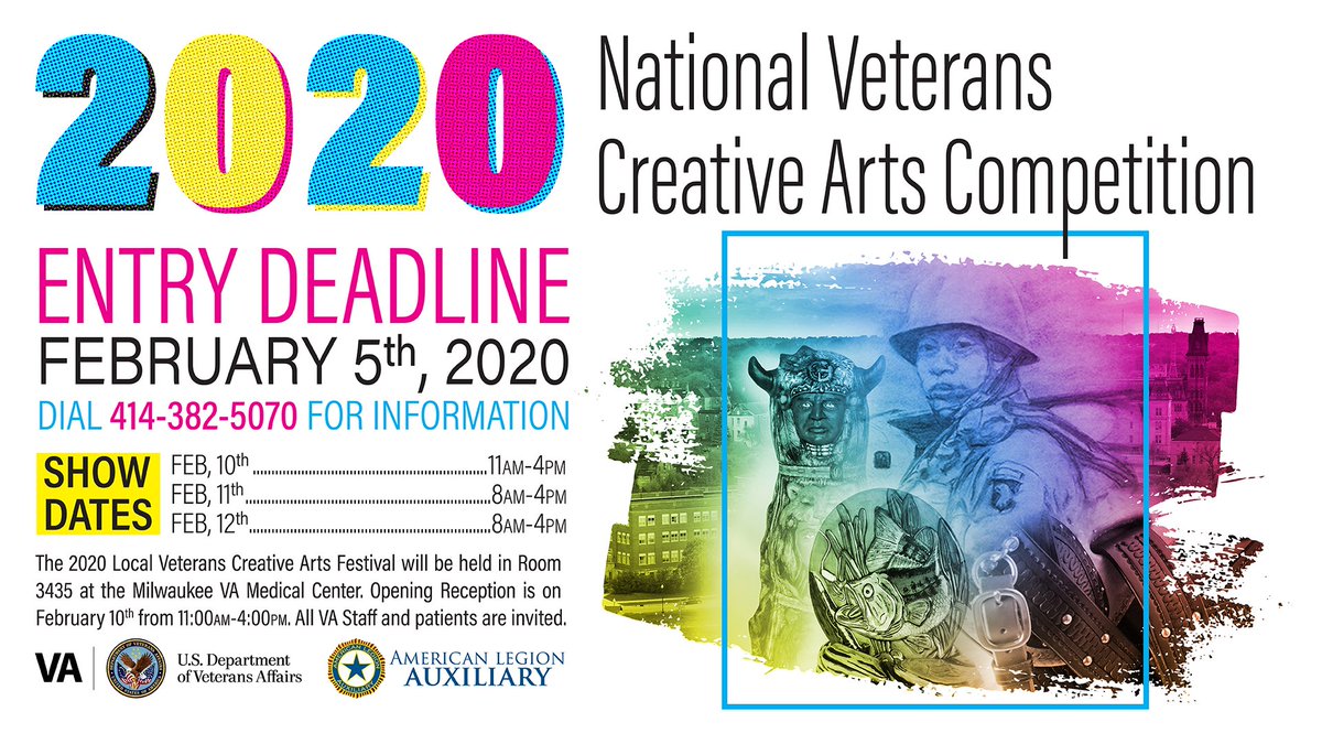 milwaukeeva's tweet photo. The entry deadline for the 2020 local Veterans Creative Arts Festival at the Milwaukee VA is Feb. 5, 2020. Show dates are Feb. 10, 11 and 12. Opening reception is Feb. 10. #VA #arts #Veterans #Milwaukee #creativearts #music #writing https://t.co/J2V3Yq9Kxh