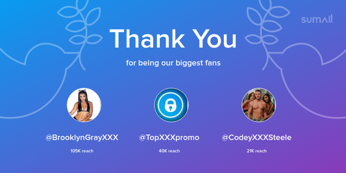 Our biggest fans this week: BrooklynGrayXXX, TopXXXpromo, CodeyXXXSteele. Thank you! via https://t.co/TgunTduqCU