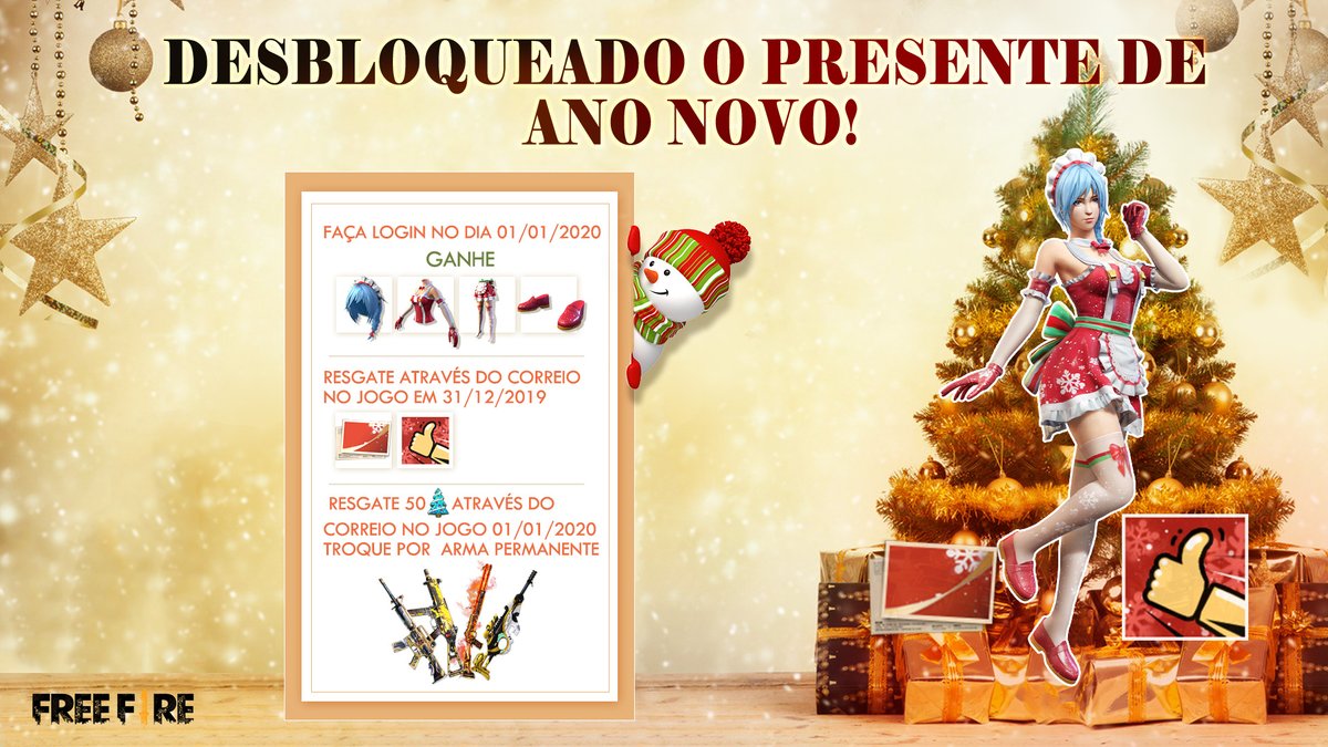 Vocês estão se preparando para o Ano Novo? Já encheram o buchin na ceia? Se sobrar um tempinho, loga no Free Fire pra garantir um banner e um avatar exclusivo e ! E não esquece de voltar amanhã para resgatar o pacote - Uniforme de Natal! Feliz Ano Novo! 🌟