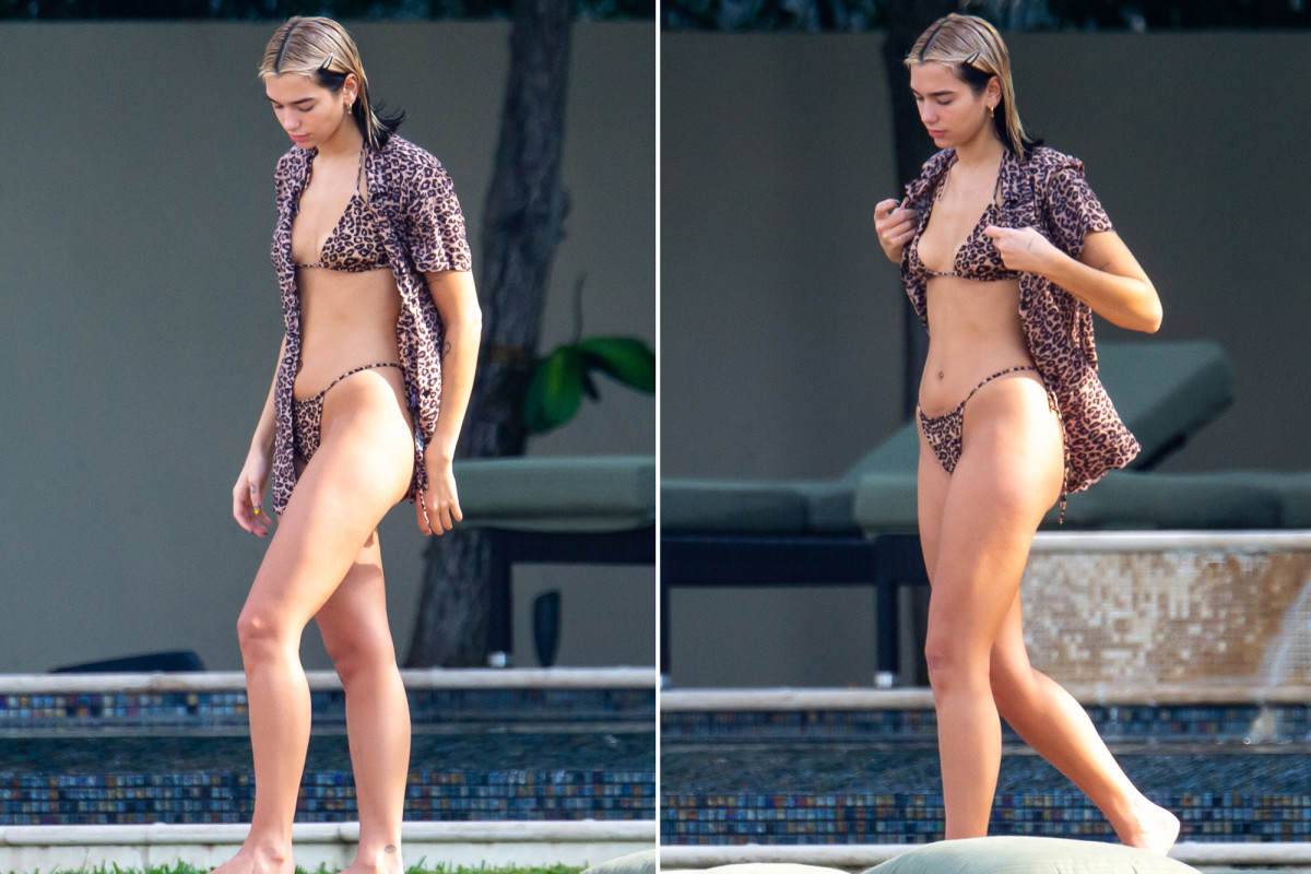 Dua Lipa wears leopard bikini poolside with boyfriend Anwar Hadid. trib.al/...