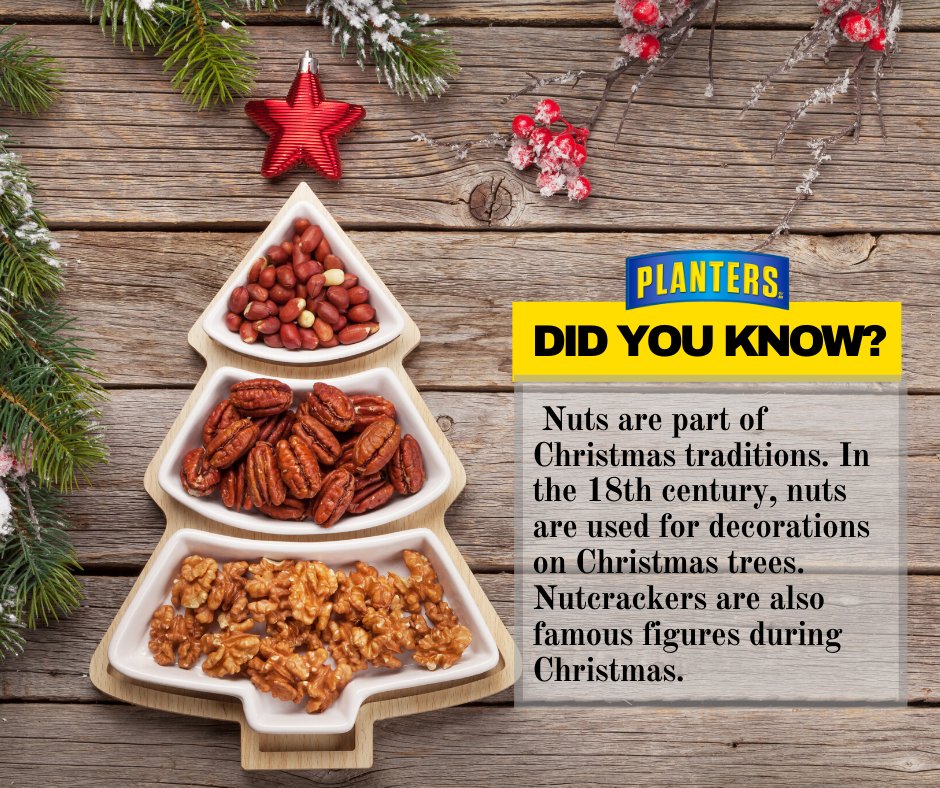 planterscanada's tweet photo. Did you know?... Nuts are part of Christmas traditions. In the 18th century, nuts are used for decorations on Christmas trees. Nutcrackers are also famous figures during Christmas.
#TuesdayFunFacts #Christmas #Allaboutnuts #PlantersSnacks #PlantersConfectionary #PlantersCanada https://t.co/mwC0CyBpaZ