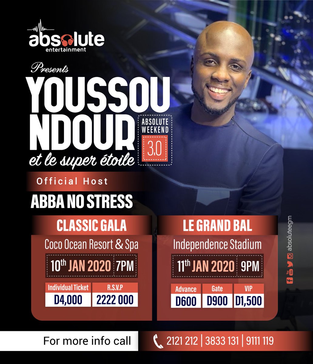 BBlackBarbie's tweet image. Introducing this year’s HOST Abba No Stress 
Absolute Weekend 3.0 dou yomba 
___________
Grand Bal tickets available at all Trust Bank Branches.
Infoline: 2121212, 3833131, 9111119
#AbsoluteWeekend 
#YoussouNdour
#AbsolutelyBiggerAndBetter