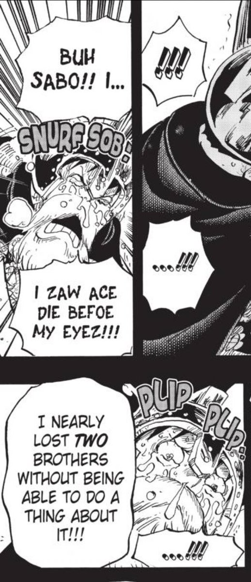 Standout Panel - I have said this before but it bears repeating: Oda’s willingness to have a male protagonist who shows emotional vulnerability, to the point of ugly crying/sobbing with joy (multiple times this chapter alone), is really important and incredibly rare.  #OPGrant