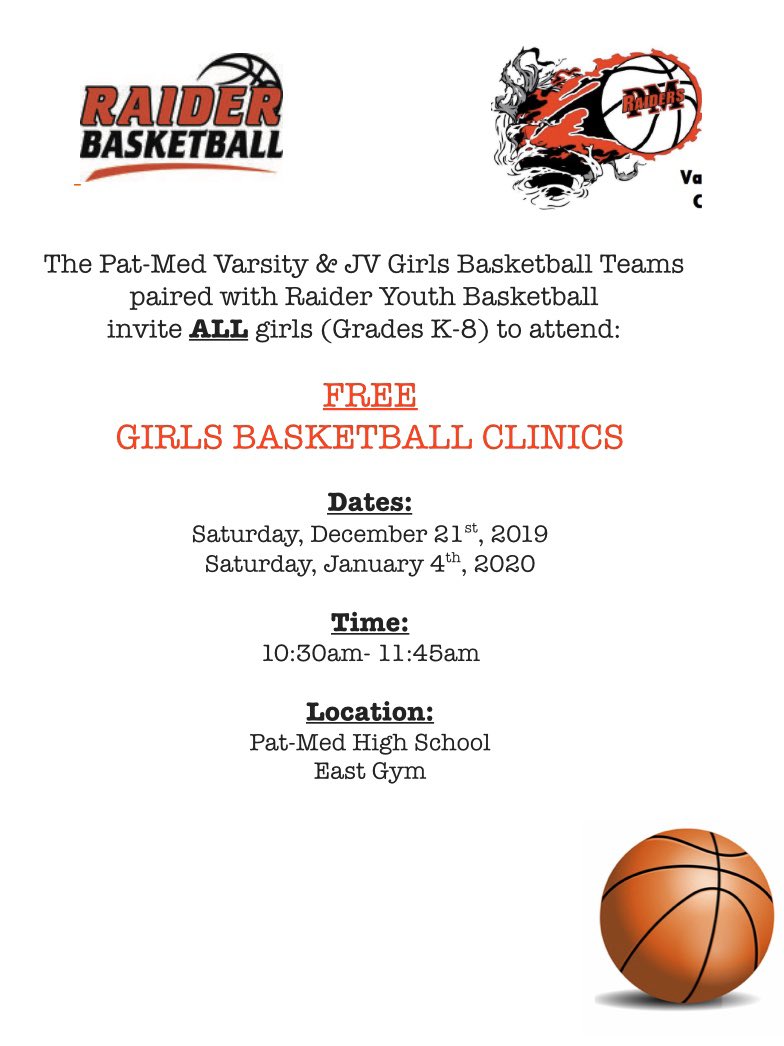 PM_girlsBBALL's tweet image. This Saturday 1/4 @ PMHS! FREE Girls Basketball Clinic- Grades K-8!! Hope to see you there! 😁❤️🖤🏀 @PatMedAthletics @PatMedSchools @PatMedHS @OregonMS @SouthOceanMS @Saxton_Middle @TremontPhysEd @PM_Barton @PMEagleES @pta_river @BayElementary @CanaanSchool @medford_elem