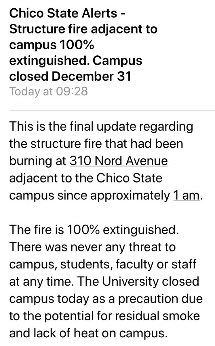 CSUChicoPolice's tweet photo. 🔴 Chico State Alerts - Structure fire adjacent to campus 100% extinguished. Campus closed December 31. Normal business will resume on Thrs, Jan 2. #ChicoState #ChicoStatePolice https://t.co/6HVXgU0iaZ