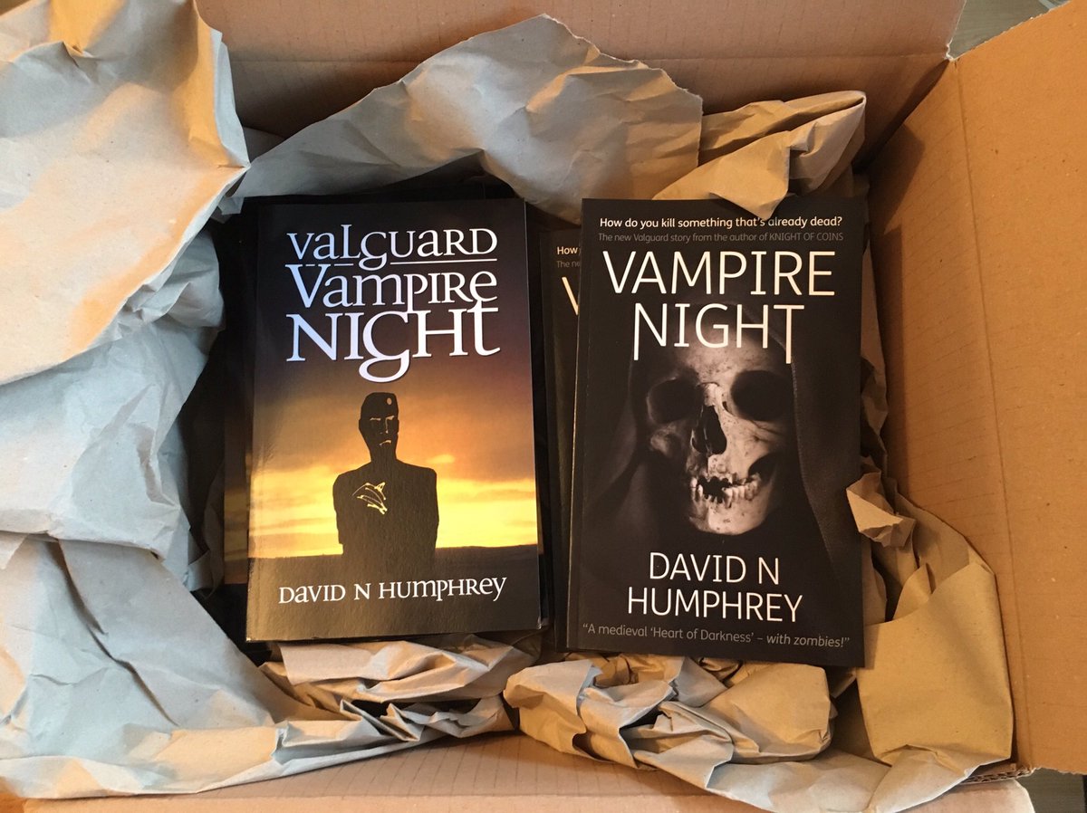 vampirenightbk's tweet photo. Wow! Paperback copies of VAMPIRE NIGHT arrived today, big surprise by @BlurbBooks as Eta was 6 Jan! Is this the last novel launched in 2019? Quite possibly! Buy yours here:
https://t.co/3rHMtBF7TR (Valguard vampire cover) or 
https://t.co/cOqn5eEy3D (alt skull cover) #selfpub #rt https://t.co/DVN5KgwNZK