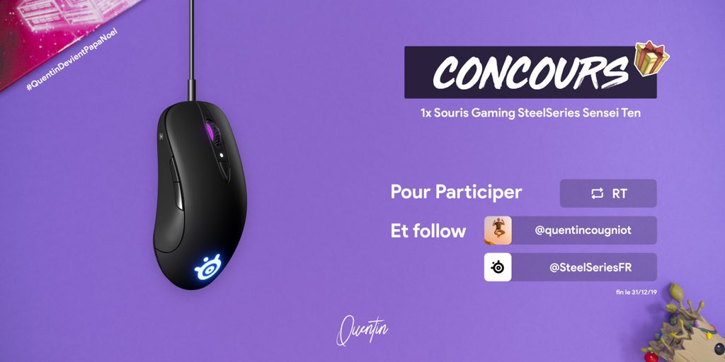 QuentinCougniot's tweet photo. 🎁 Tente de remporter une souris Gaming SteelSeries Sensei Ten 😍🎄
➡️ #RT
➡️ Follow @quentincougniot
➡️ @SteelSeriesFR
📈 Augmente tes chances en participant sur Instagram.
🗓 TAS : 31/12/19
#QuentinDevientPapaNoel #SteelSeries #SenseiTen 🎁 https://t.co/Vuq616tf5n