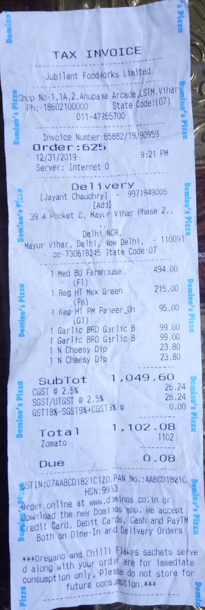 chjayant0101's tweet photo. @dominos_india #Pathetic_service
had ordered through ZOMATO app n recieved it after 1hour 30mins. My order contains 1 medium farmhouse cheese burst pizza but I recieved Medium hand tossed farmhouse pizza.I'm very much dissapointed from
@dominos 
@dominos_india 
@fssaiindia https://t.co/x14DD0V6ep