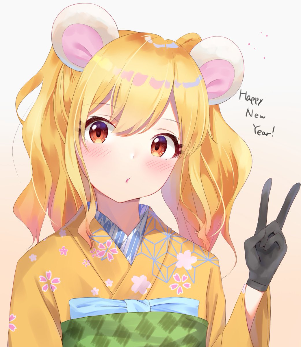 1girl animal ears solo japanese clothes kimono blonde hair gloves  illustration images