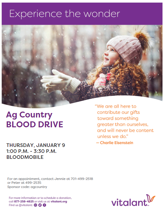 AgCJennie's tweet photo. Did you know that January is National Blood Donor Month? Be that person who can say "I saved someone's life". AgCountry is hosting a Blood Drive 1/9/20  1:00 to 3:30. @AgCountry  #AgCountryCares https://t.co/c3Hm1lFGPR
