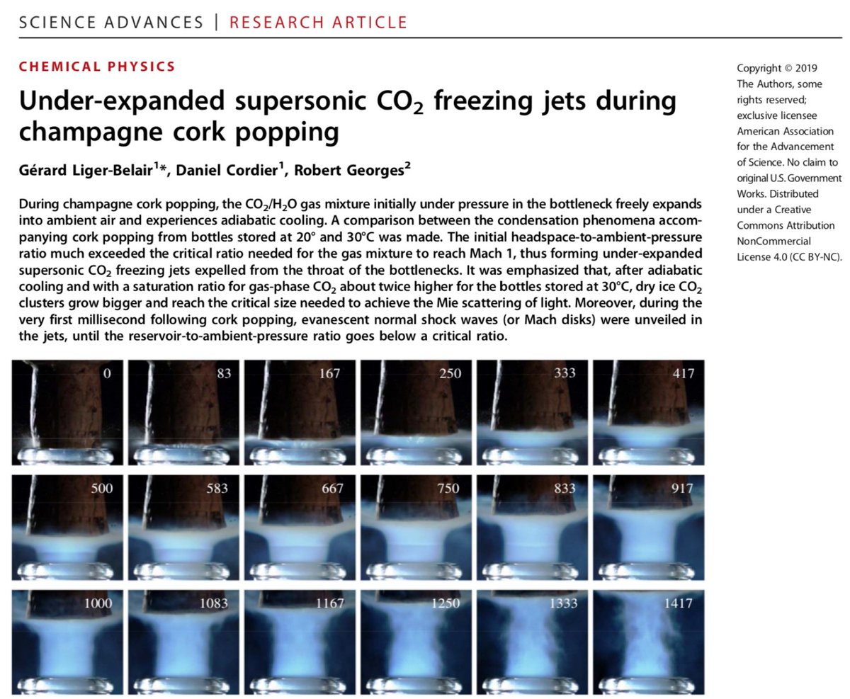 Right in time to New Year's Eve 'Science Advances' published an article on shockwaves occurring during champagne cork popping! Cheers! 🥂 advances.sciencemag.org/content/advanc… #shockwave #champagne