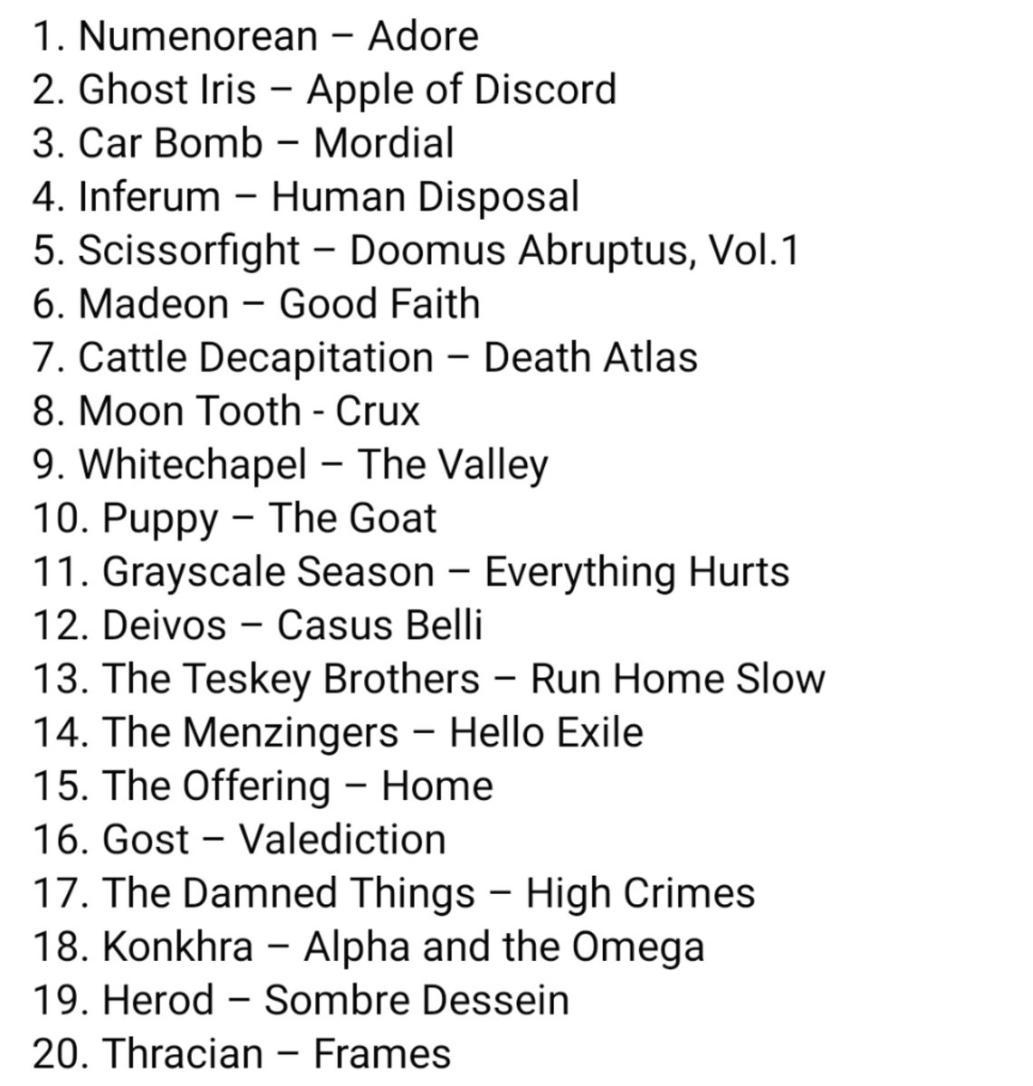 dvbchnn's tweet photo. Here's my Top 20 albums of 2019! 🤘🏻
#AOTY #metal #rock #punk #hardcore #deathmetal #thrash #blackmetal #metalcore #progressivemetal #groovemetal #sludge #doom #deathcore #orgcore #postmetal #postblackmetal #punkrock #alternativemetal
#techmetal #progressivedeathmetal #TopAlbum https://t.co/33JegZF4lY