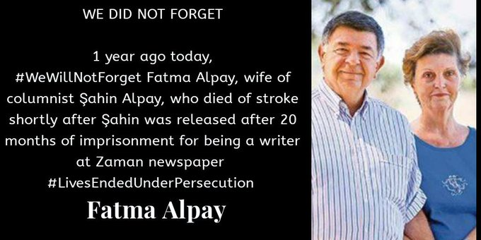 Fatma Alpay, died of stroke shortly after Şahin was released from imprisonment for being a writer at Zaman newspaper 
#2019Deyince  #2020NewYear
@cnnbrk @TopRT_DE @hrw @AFP @ANI
@UNICEF @UnicefTr @HiHFW
@Media__Alpha @dw_turkce @bbcturkce 
@TheEllenShow @Women @womeng @amnesty