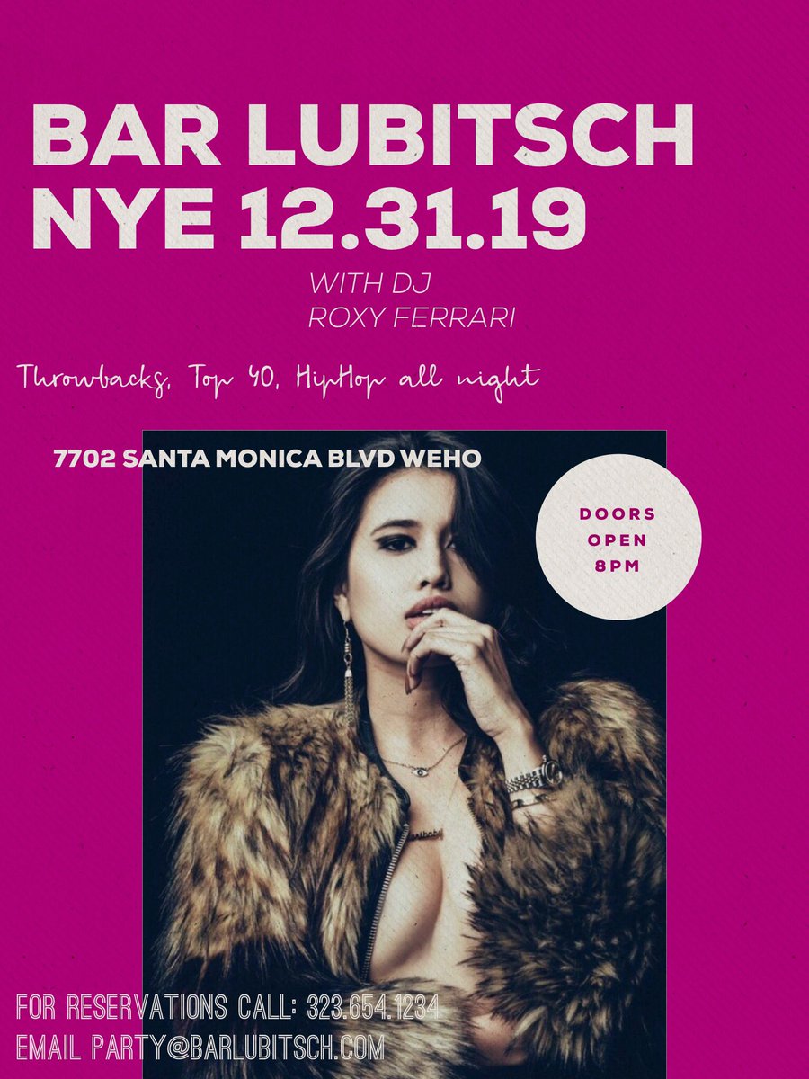Bar Lubitsch (@barlubitsch) on Twitter photo Bring in the New Year <a href="/BarLubitsch/">Bar Lubitsch</a> !!!
No cover & DJ Roxy Ferrari!!!
7702 Santa Monica Blvd., WeHo. 8pm-2am. Bring in the New Year <a href="/BarLubitsch/">Bar Lubitsch</a> !!!
No cover & DJ Roxy Ferrari!!!
7702 Santa Monica Blvd., WeHo. 8pm-2am.