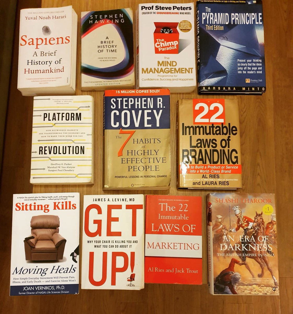 shayenzn's tweet photo. Excellent books I’ve read in 2019 #Sapiens
#Briefhistoryoftime
#ChimpParadox
#PyramidPrinciple
#PlatformRevolution
#7HabitsofHighlyEffectivePeople
#22ImmutablelawsofBranding
#SittingKillsMovingHeals
#GetUp
#22ImmutableLawsofMarketing https://t.co/KvMEKul8o1