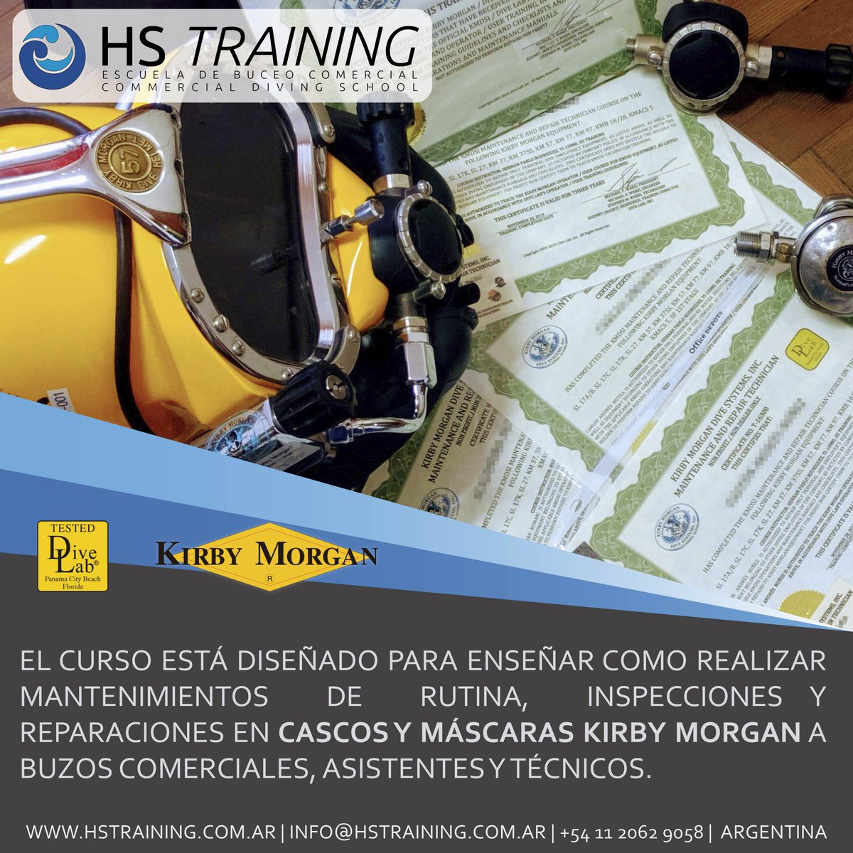 hstrainingpro's tweet photo. ¡#Felicitaciones a Walter! Nuevo #Técnico #Kirby #Morgan que se capacitó en nuestra #escuela de #buceo #comercial HS Training.
.
.
#buzocomercial #buzoprofesional #divekirbymorgan #argentina #buzo #certificado #kirby #divelab https://t.co/fuxLea2X7T