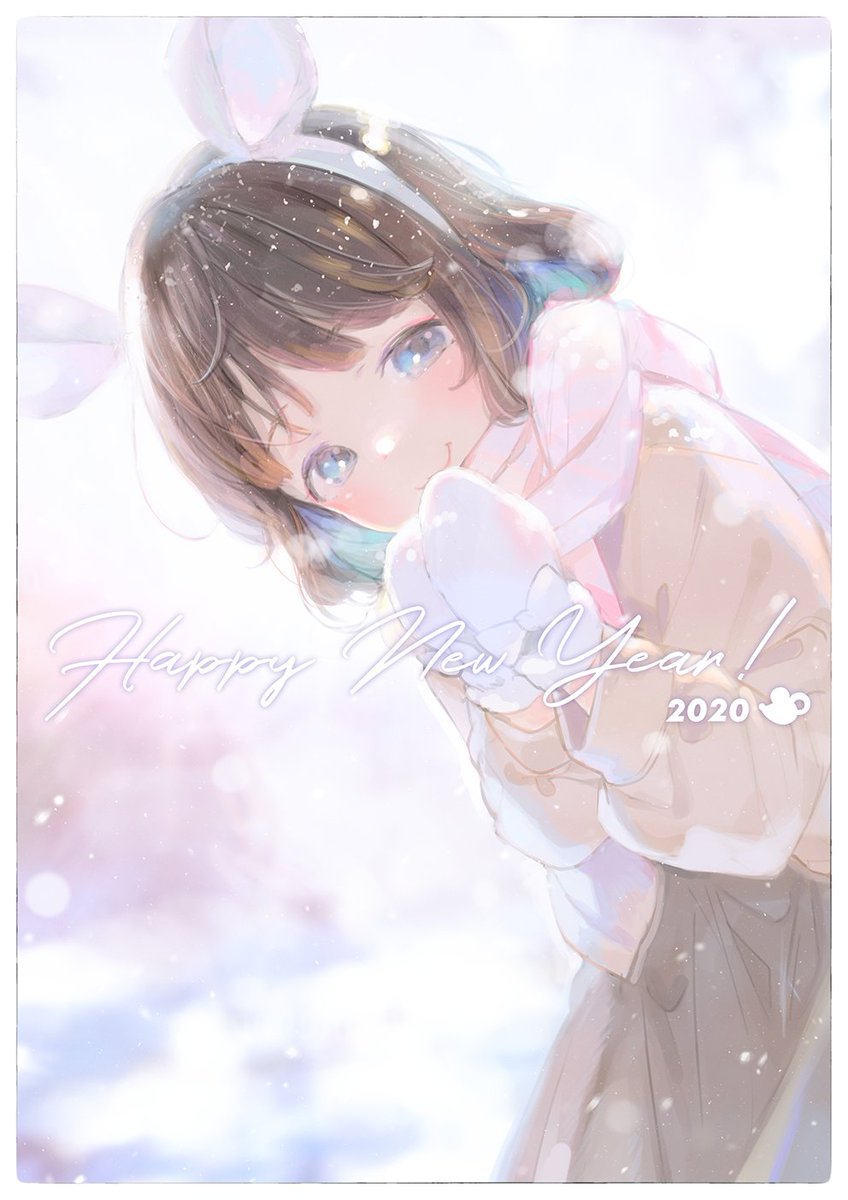 1girl solo animal ears scarf blue eyes brown hair smile  illustration images