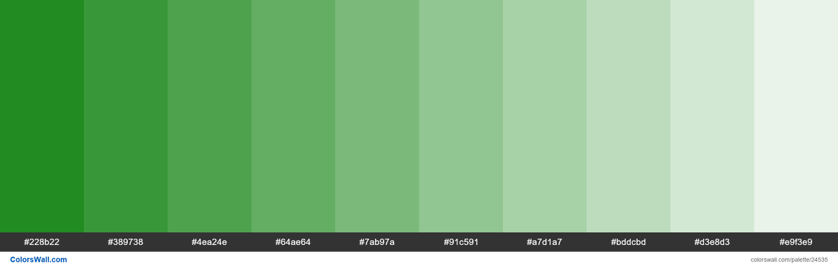Forest Green Html Code Tints of Forest Green #228B22 hex color #228b22, #389738, #4ea24e ...