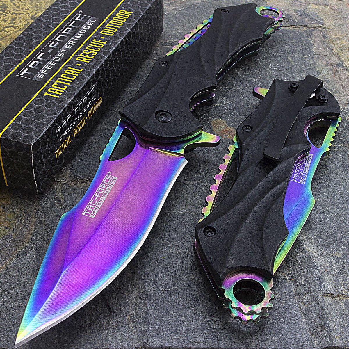 FrontierBlades's tweet photo. This 8” Tac Force heavy duty rainbow spring assisted pocket knife is a great collectors knife to have. #knife #knives #pocketknife #blade #blades #sale #knifesale #knivesforsale #knifeforsale #tacforce #tactical #tacticalknives #rainbowknife  #heavydutyknife #huntingknife https://t.co/LnccAoYEwN